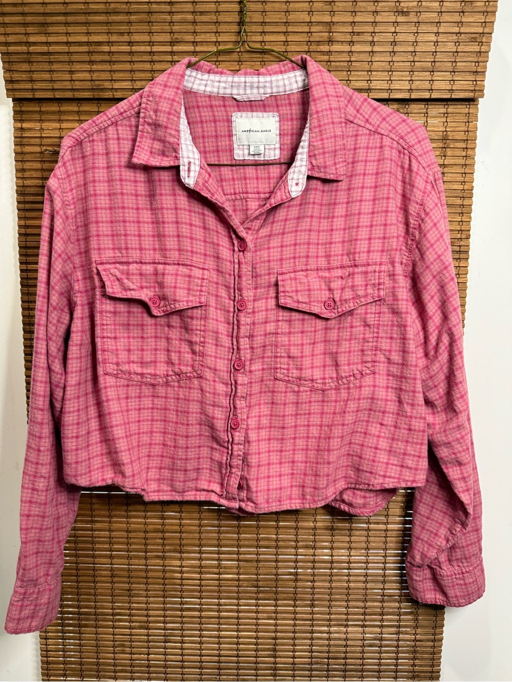 American Eagle Pink Plaid Cropped Shirt